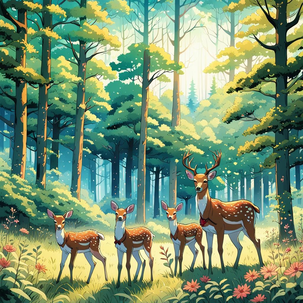 Deer Family in Forest Glade: Cel-Shaded Anime Style