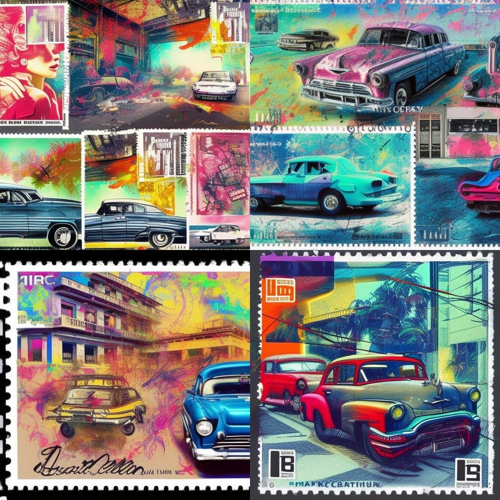 Vintage Car collection Postal Stamps - AI Generated Artwork - NightCafe