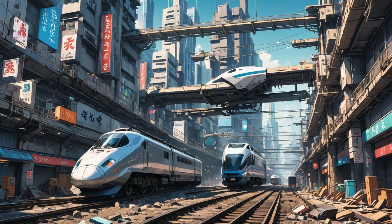 cyberpunk city, trash, modern bullet train, seen from ground