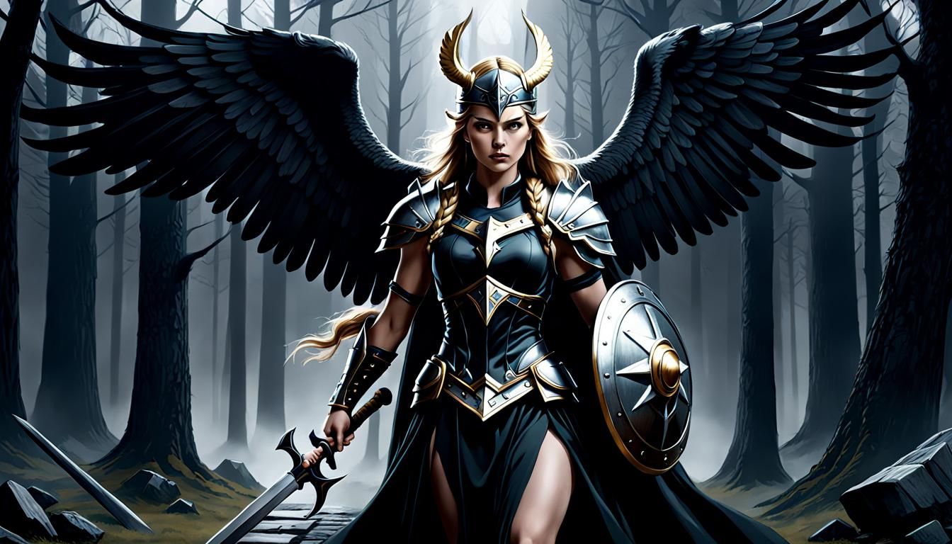 Norse Mythology Concept: Göndul, a valkyrie and the bearer of magical artifacts. beautiful, gothic art, Octane Render, charcoal drawing 