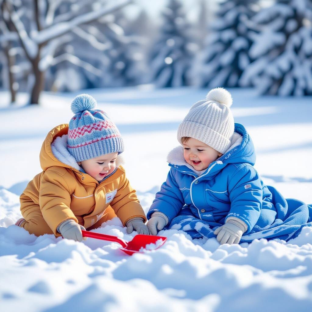 Babies Playing Joyfully in Snowy Winter Landscape