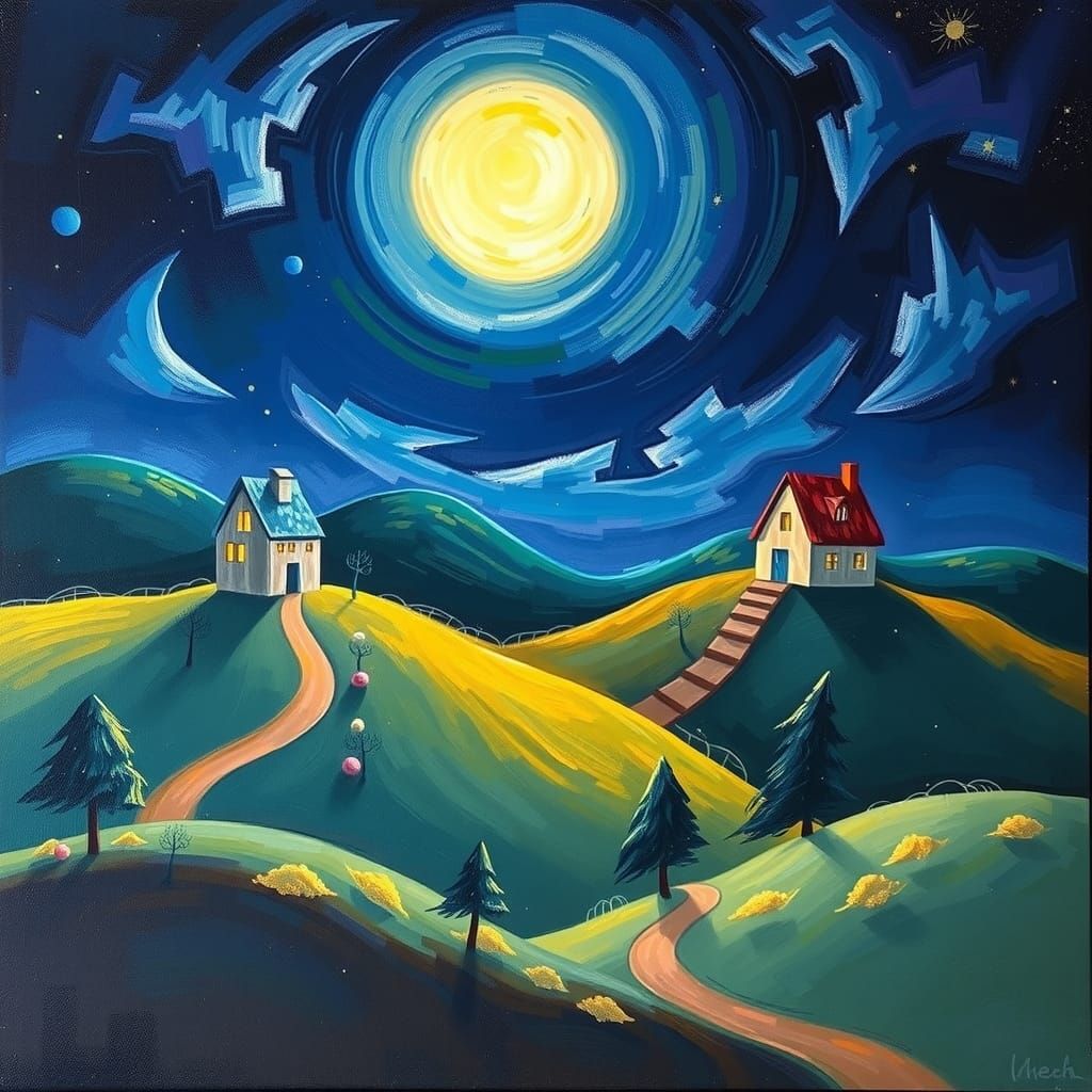 Houses on the Hills. Night. naïve art deep color oil on canvas back lit noctilucent