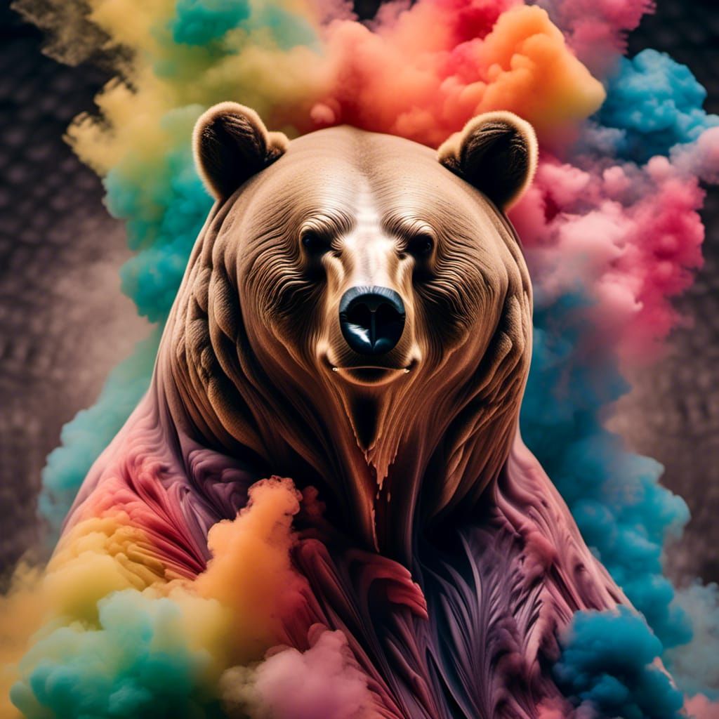 Photograph: Obese Bear in rainbow smoke, inspired by Kim Kee...