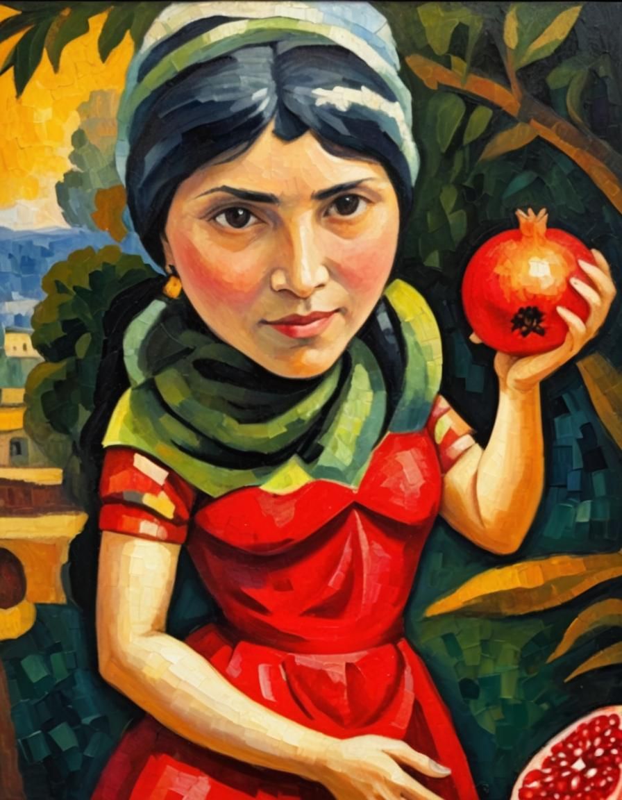 Lady with black hair holding pomegranate neo-impressionism e...