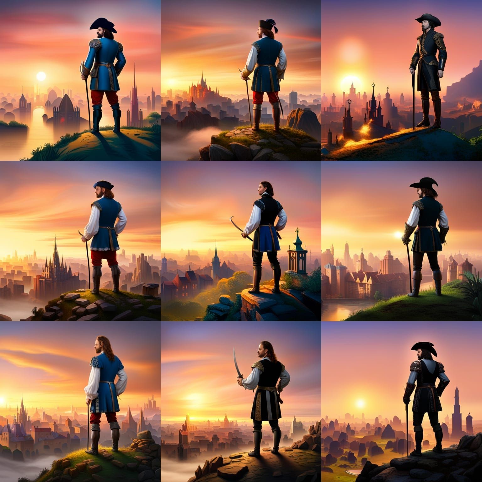 A seventeenthcentury Cavalier stands on a green hill overlooking a