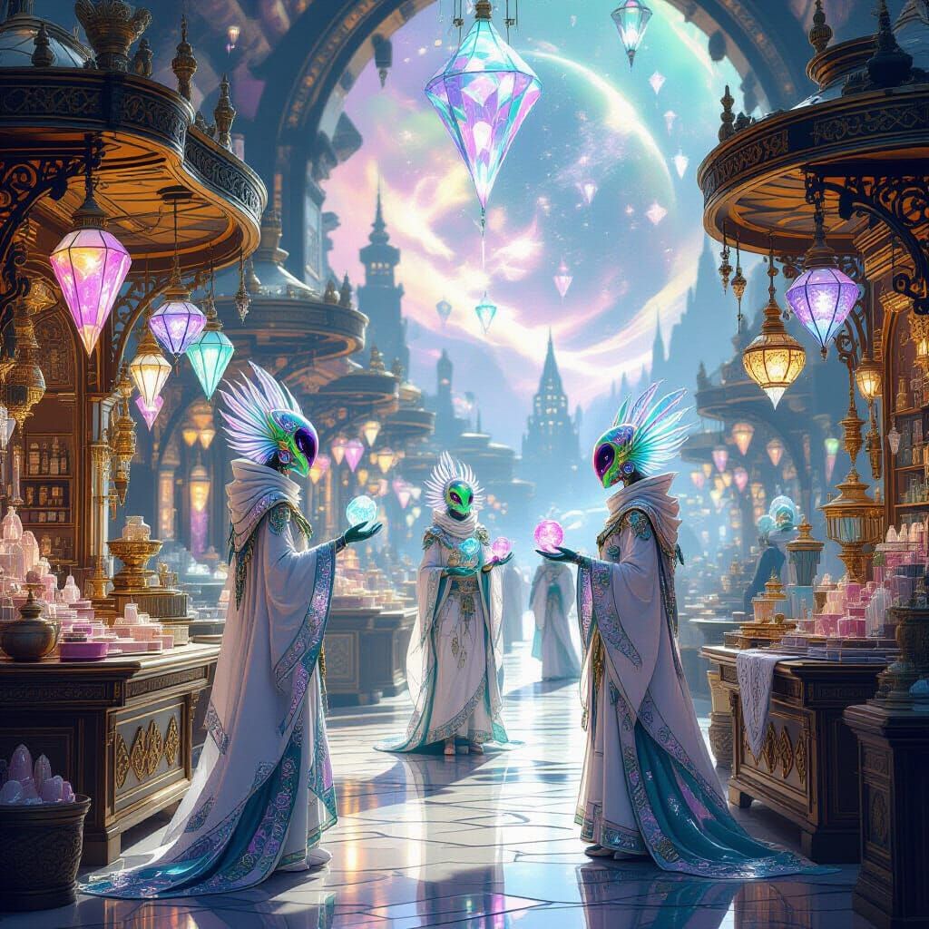 A floating bazaar in zero gravity, where alien merchants with shimmering scales and multiple eyes hawk glowing, crystalline minerals and exo...