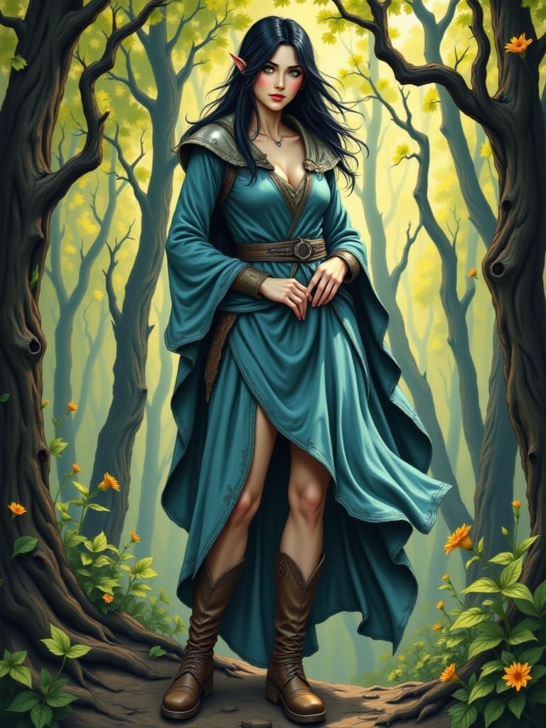 Fantasy Medieval Elf in Colorful Forest, Detailed Portrait