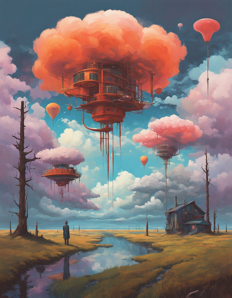  Dreamy, ethereal landscape with vibrant, swirling clouds, reminiscent of Mark Rothko's bold color fields, the delicate details of James Gur...