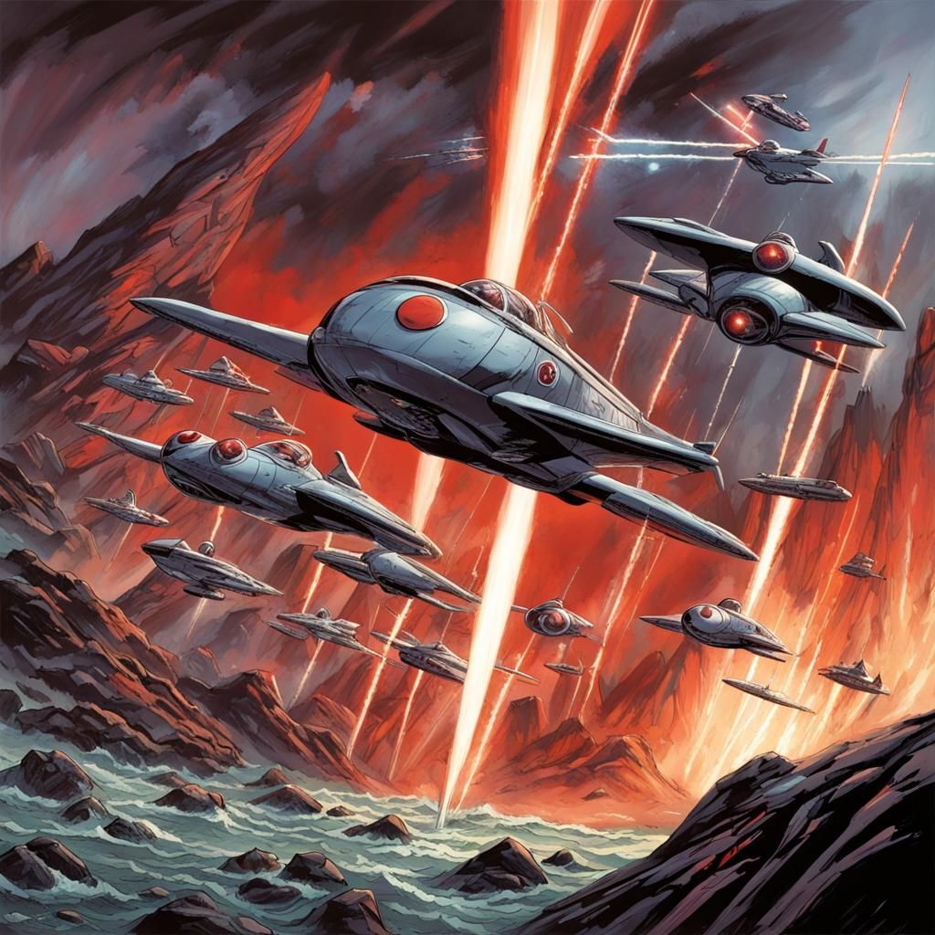 Epic battle scene of Captain Scarlet at war with the Mystero...