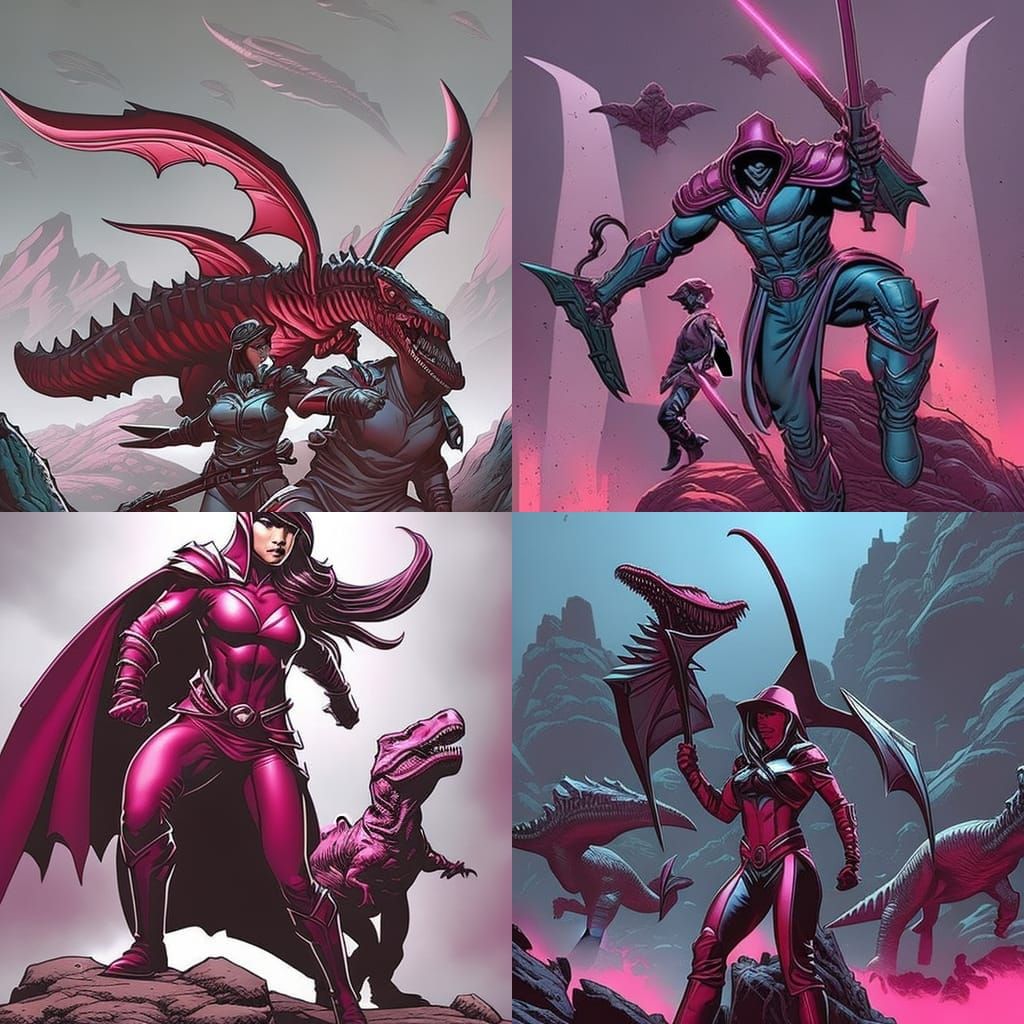 dinosaurs in tight fitting pink uniforms and capes with hero...