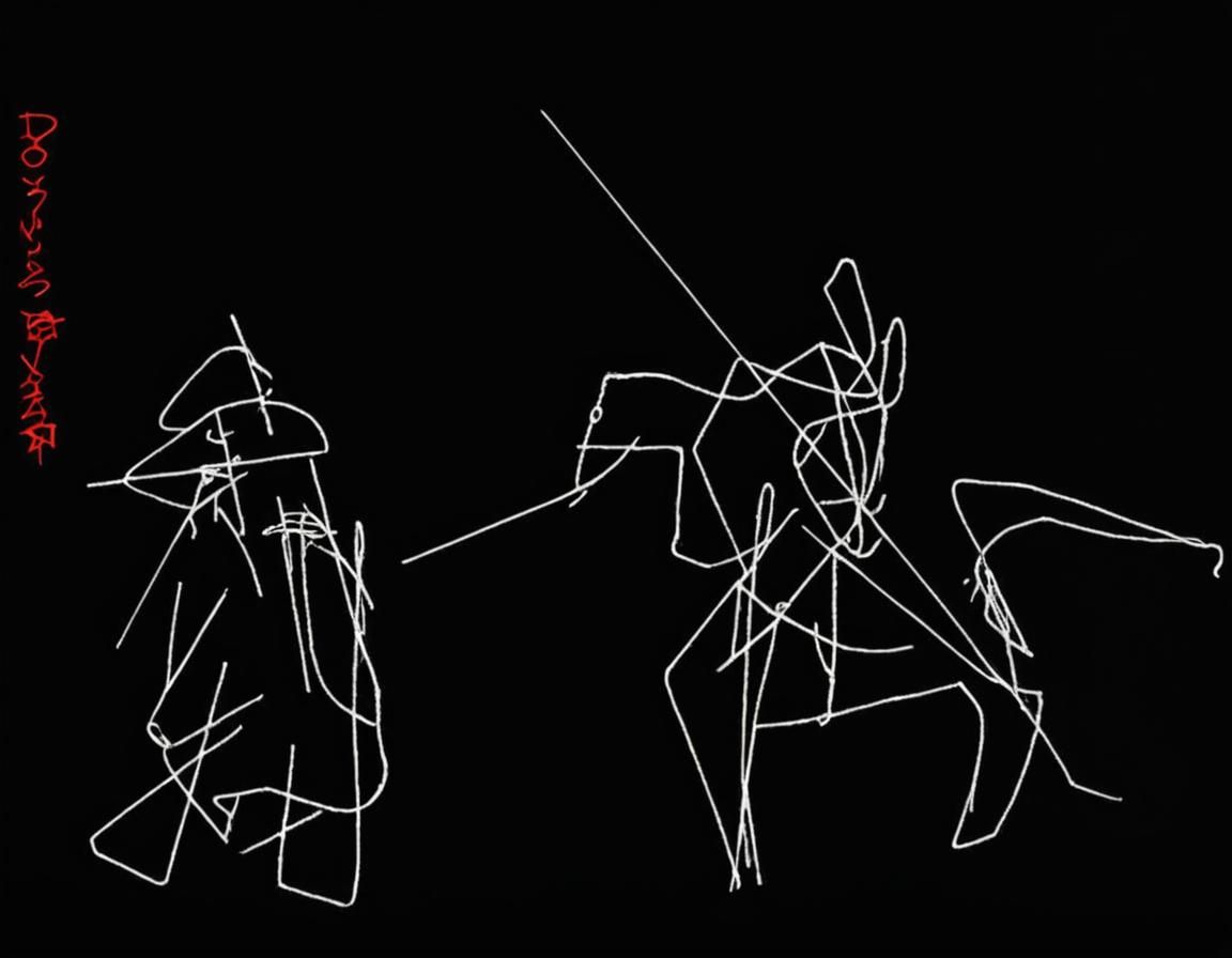Abstract line drawings of two figures, one holding a lance o...