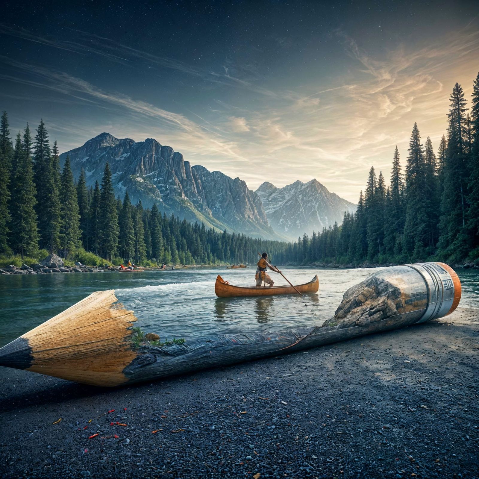 A large pencil lying on the ground, from the middle of the pencil is a space that shows a native American ...  by @Dantonio