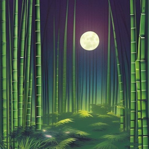 a clearing in a bamboo forest, illuminated by the moon at ni...