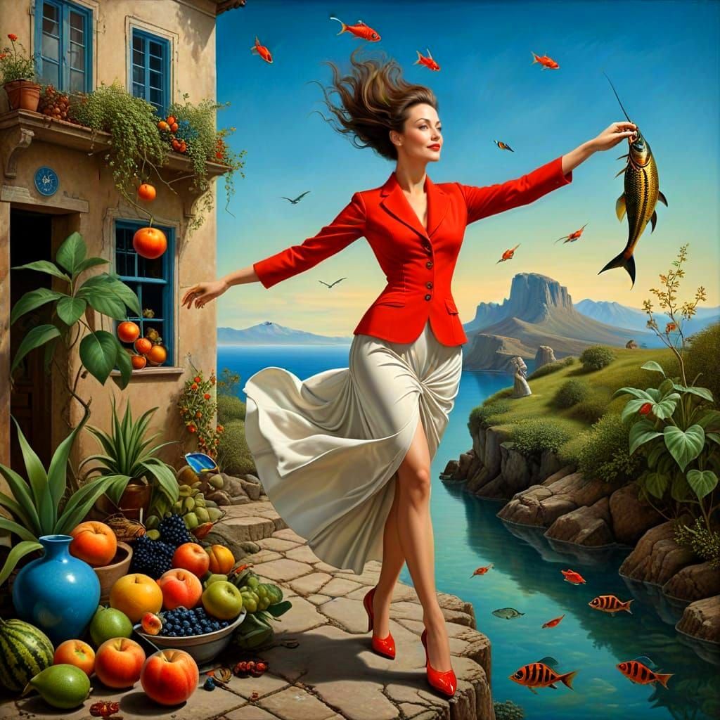 Surrealistic Portrait of a Happy 39-Year-Old Lady in Elegant...