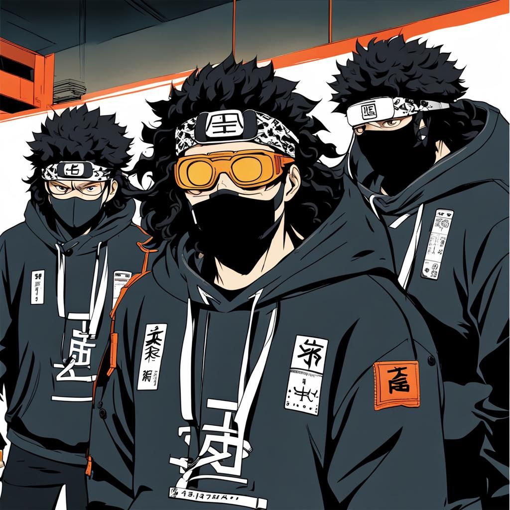 Kishimoto Style, Aburame clan, hoodie, curly black hair held...