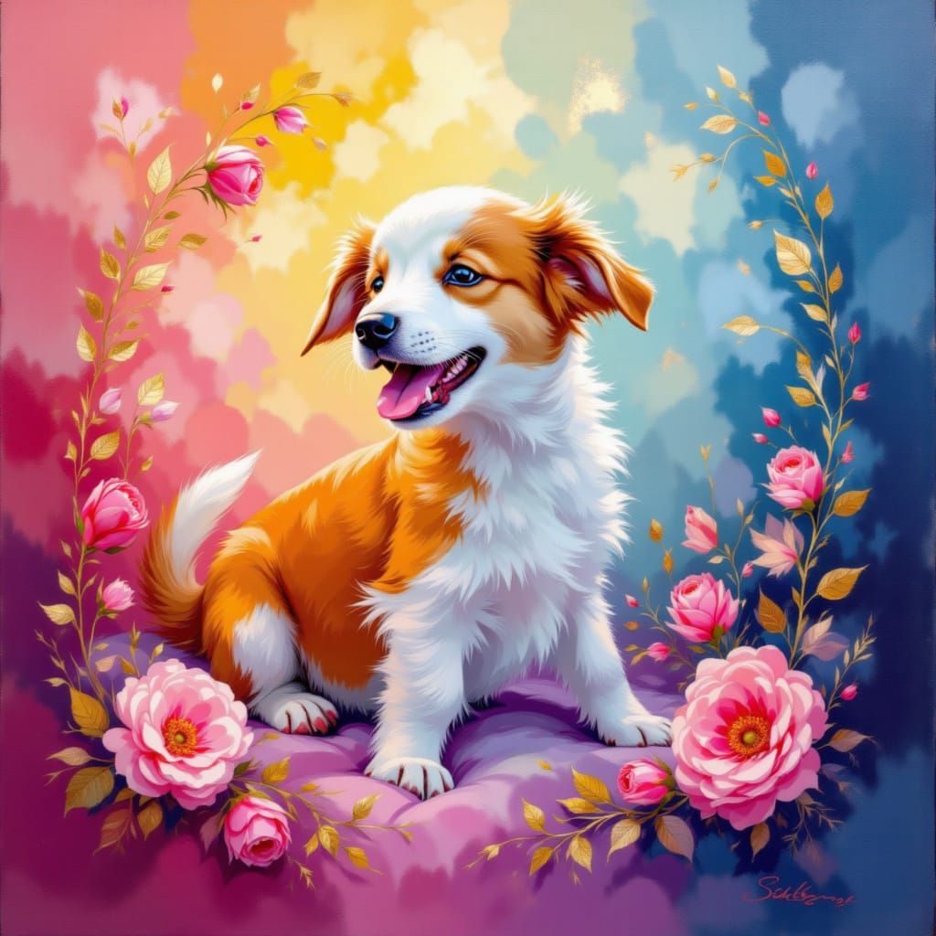 <lora:Painterly Or NotToBe:1.0> dog. Rendered in a painterly style that weaves Pre-Raphaelite storytelling, impressionist spontaneity, and t...