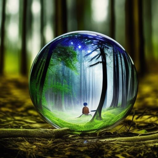 A glass orb with a Magic ancient forest at night