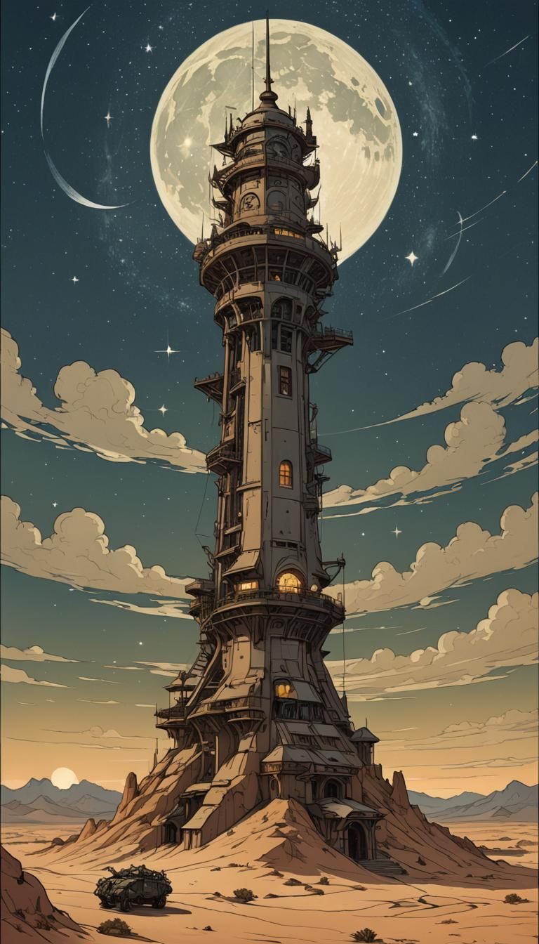 desert, night sky, fighter craft, air tower, Alphonse Mucha ...
