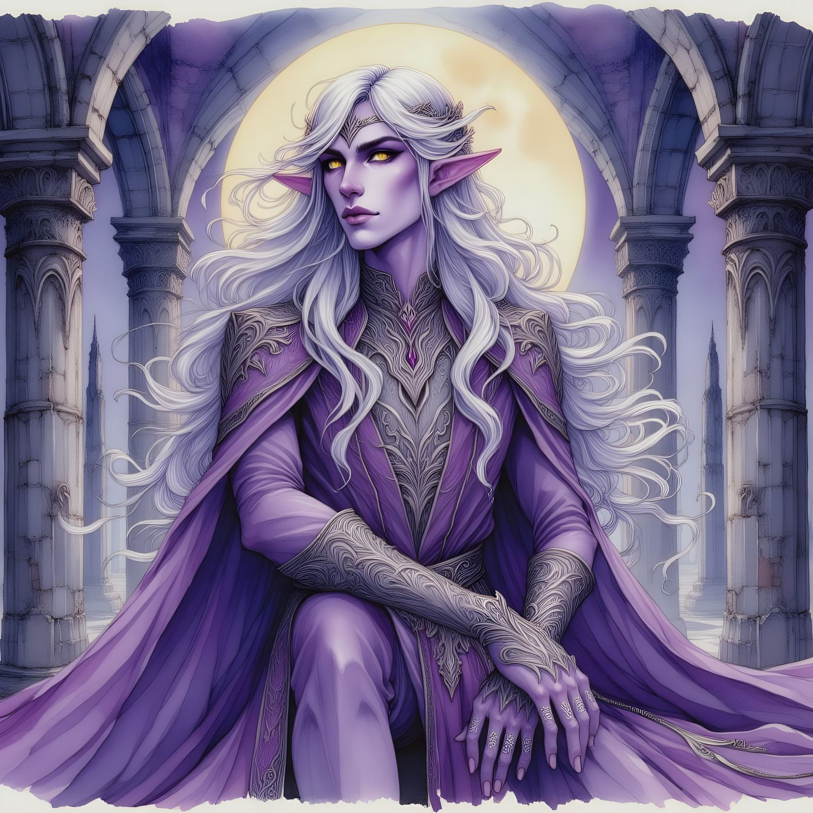 <lora:ElvenRuins:1.0> watercolor and ink painting of a purple male elf with long flowing moonlit silver hair and yellow eyes, in intricate e...
