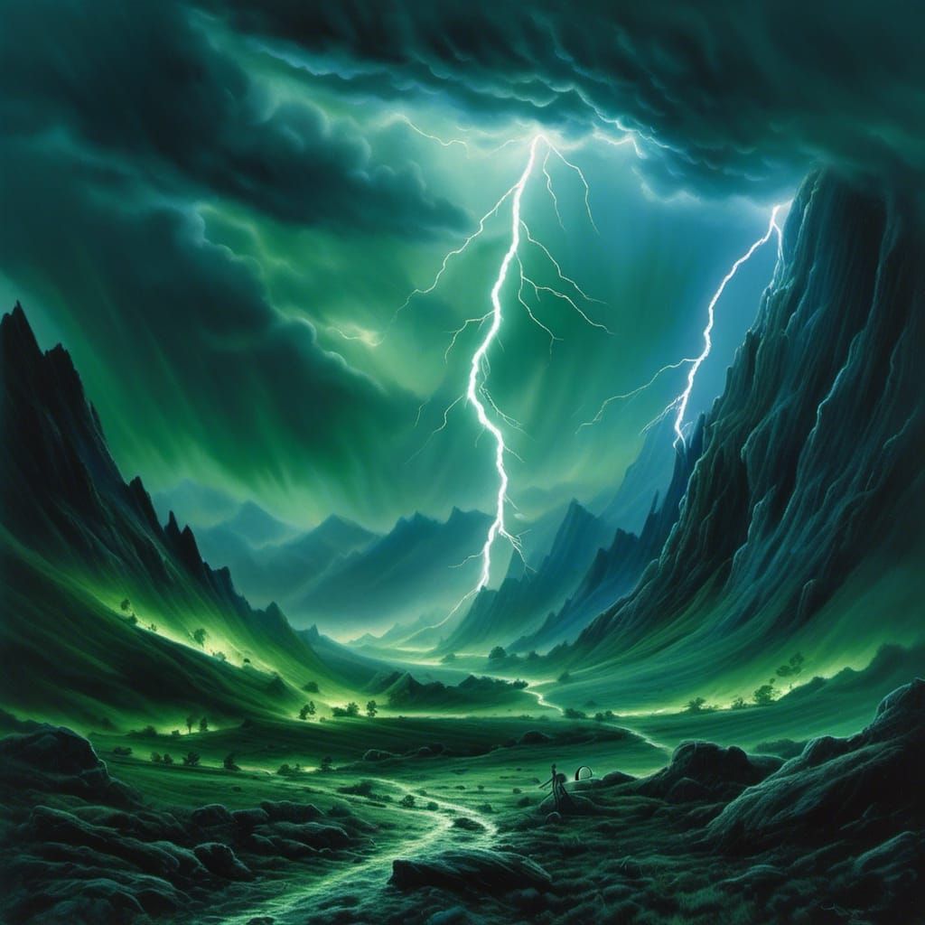 <lora:RPG23:1.0> beautiful dark fantasy scene, powerful lightning storm. Sky lit up and angry, mountainous scene. Contrasting green and blue...