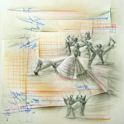Modern pencil sketch on lined paper, royal dance choreography