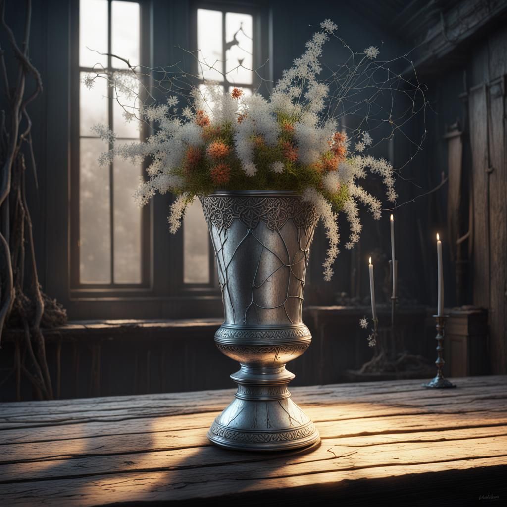 Very tall glowing silver vase with tall wildfloers in it on ...