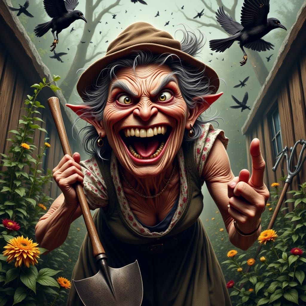 Hyperrealistic Portrait of an Angry MeeMaw Screaming at Crow...