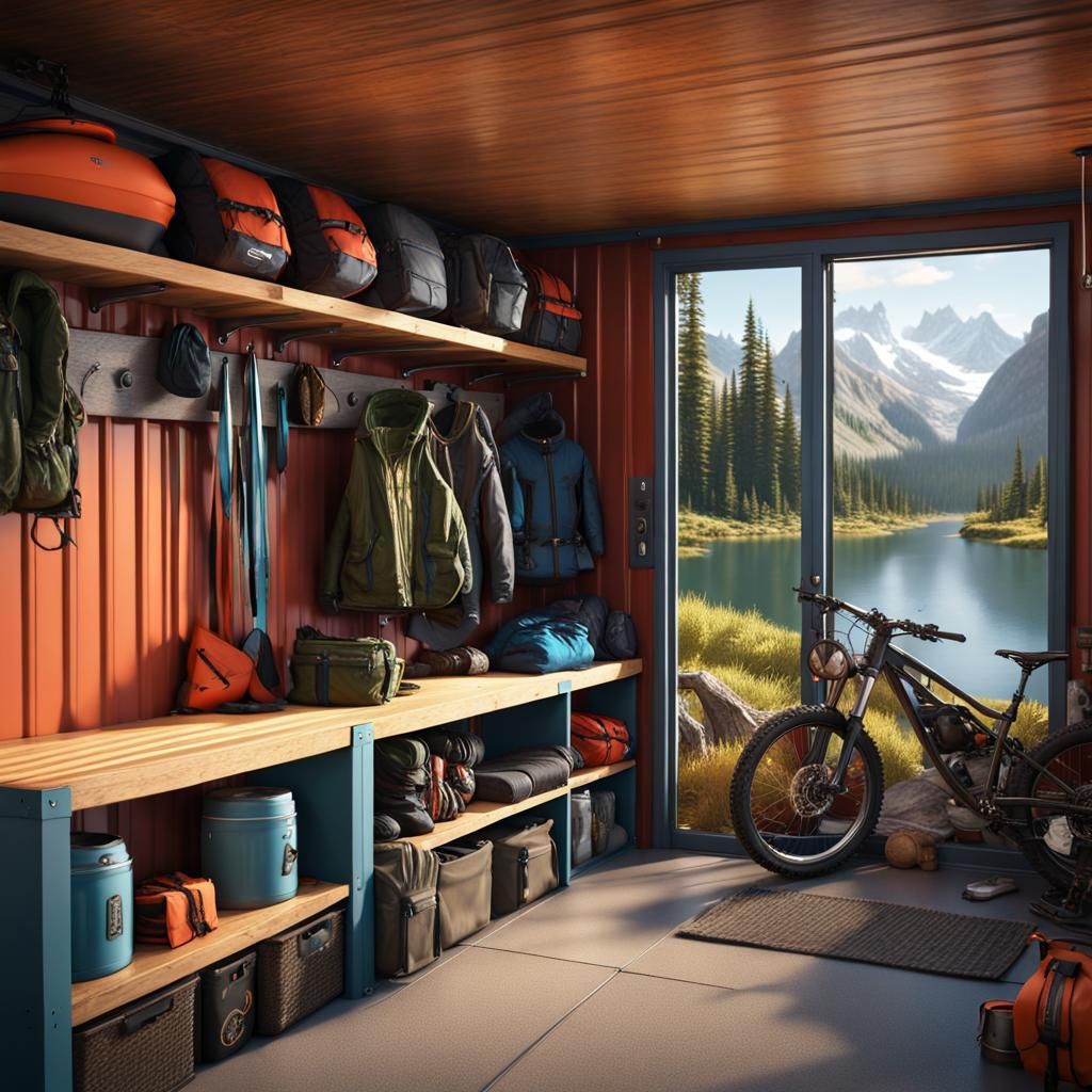container home mudroom with large slop sink, biking gear, hi...