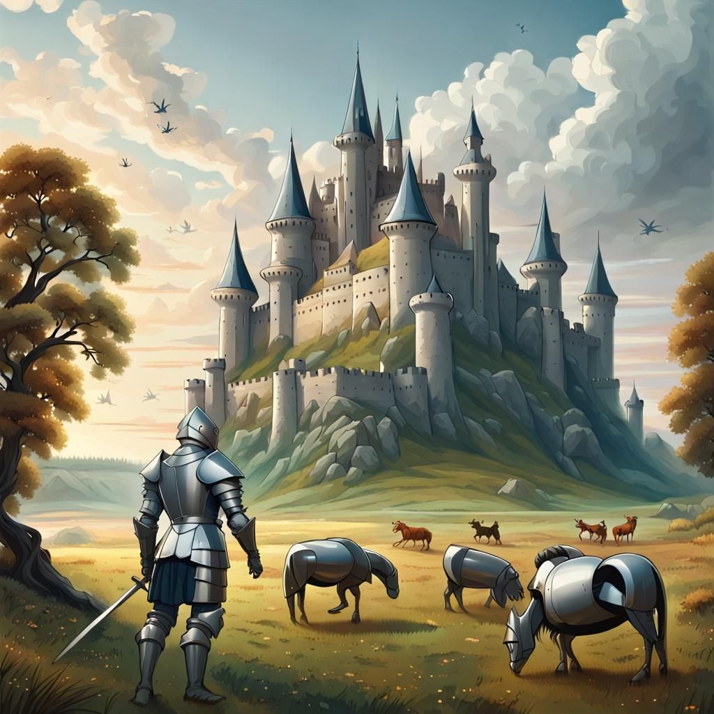 European medieval landscape in futuristic style