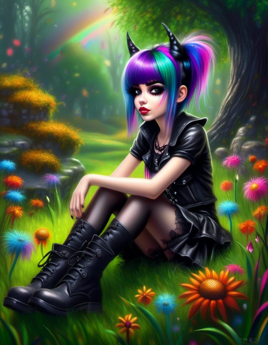 Whimsical tipsy adorable nu-gothic girl, with rainbow messy ...