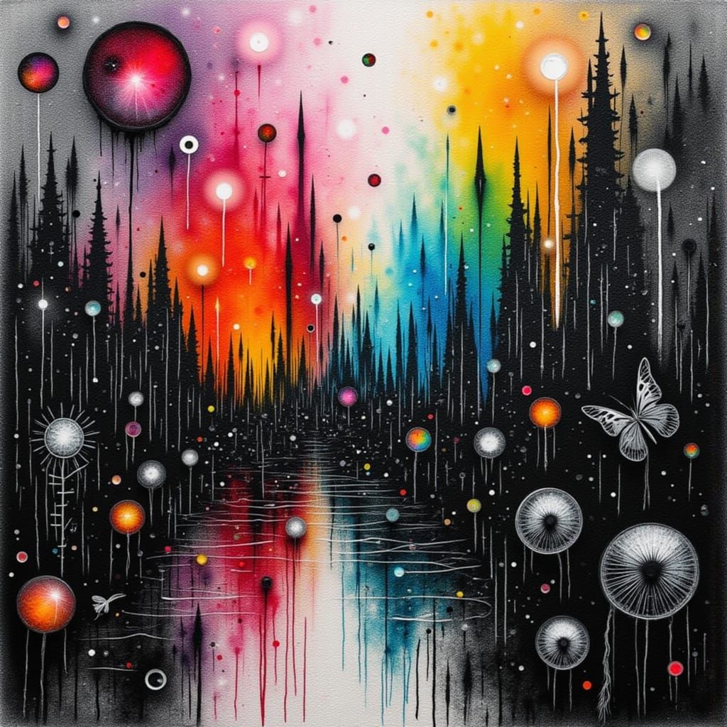 <lora:Wyrd 13:1.0>  Rayograph  black and white and rainbow colors  mixed media  cityscape 
 mystical and poetic dreamlike Paul Klee, surreal...