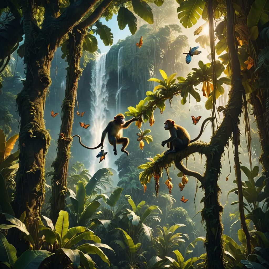 Monkey in Jungle Paradise: Cinematic Matte Painting