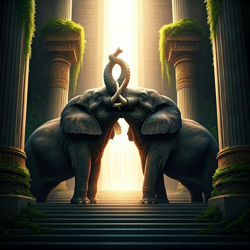Majestic Elephants Guarding a Mystical Entrance