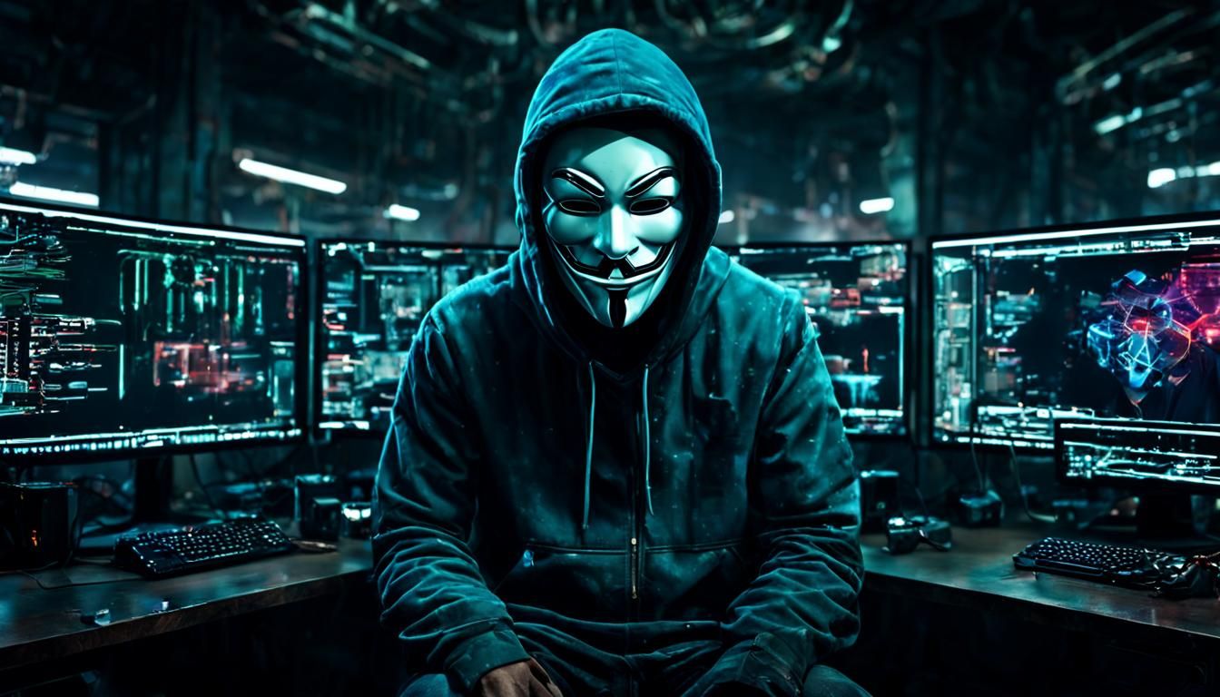 boy with anonymmous mask in a room full of latest generation...
