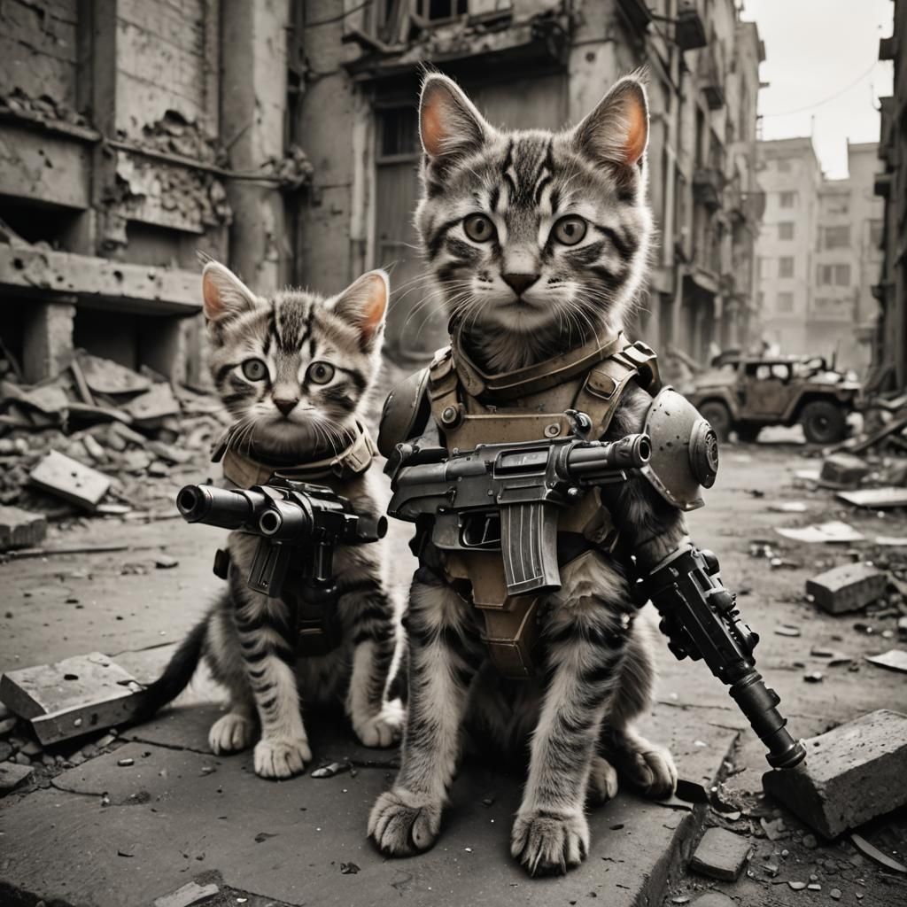 world war 23 adorable kitten centaurs in power armor with guns vs adorable wolf puppy centaurs in power armor with guns warfare wide angle,...
