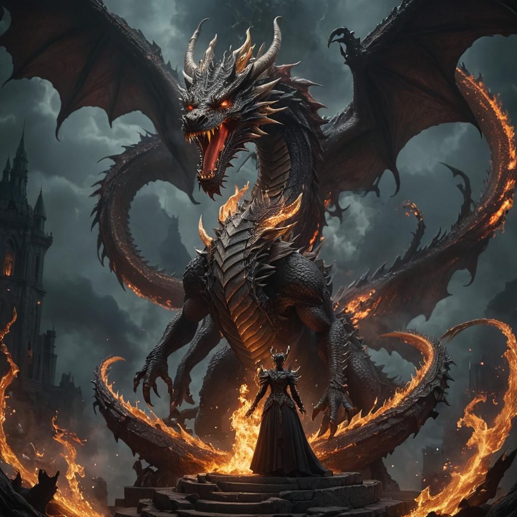 Majestic Fire Dragon Queen in Hyper-Detailed Dark Fantasy