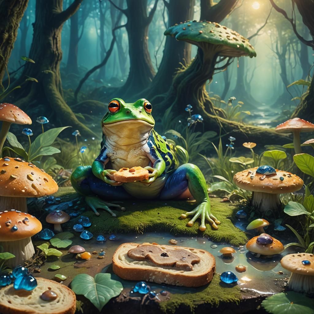 Frog Eating Bread in Mystical Forest: Oil Painting