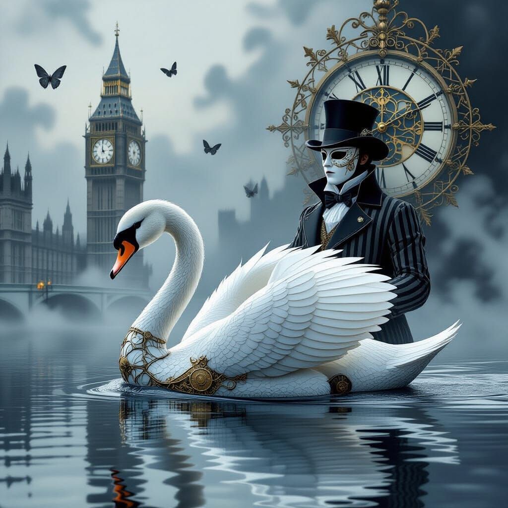 Monochrome Reverie: The Clockmaker’s Swan  by @AI Nightrider
