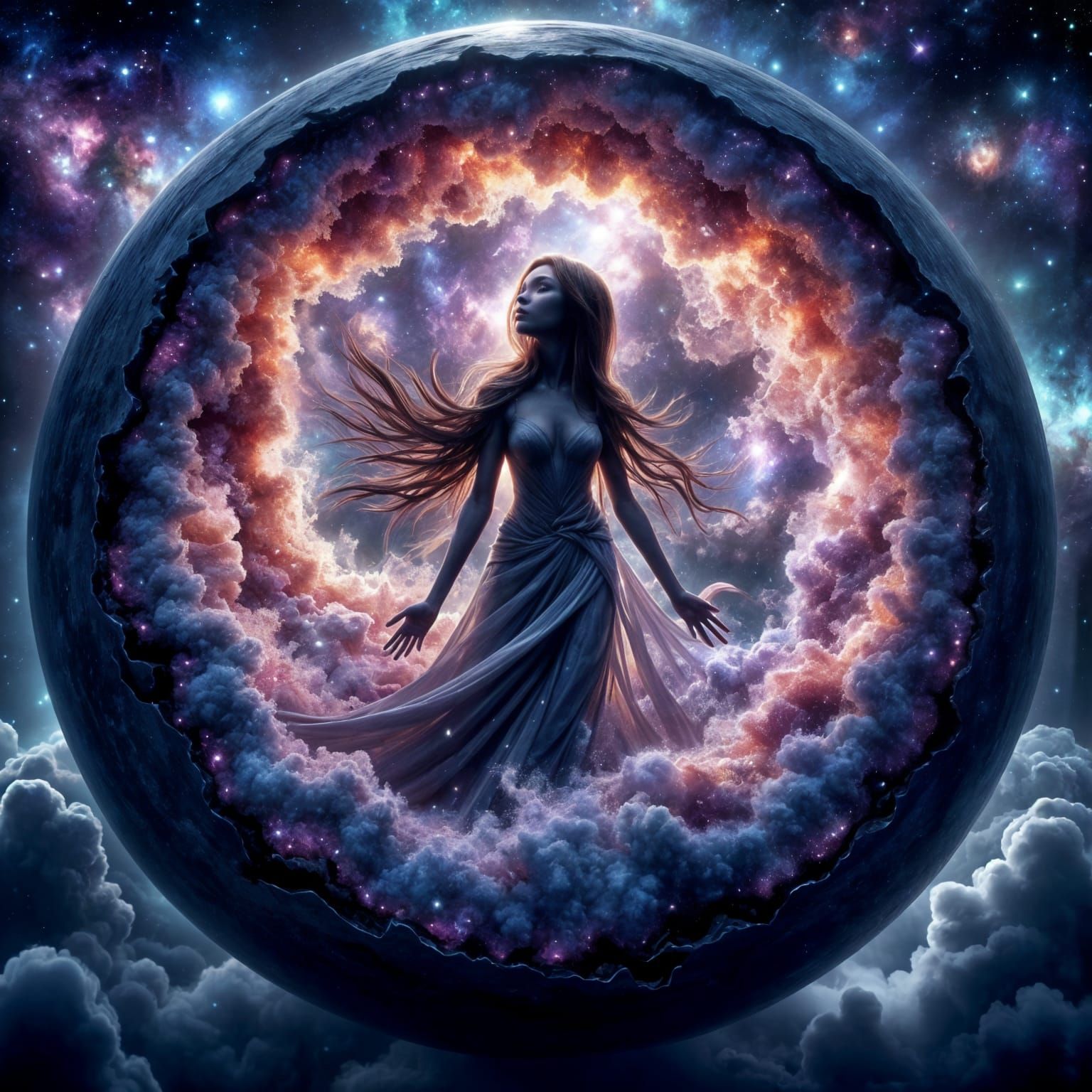 Cosmic Goddess Emerges from Geode Planet