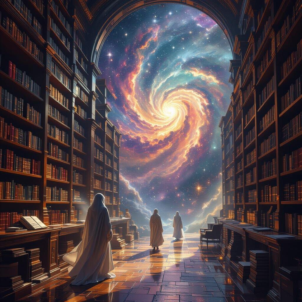 An impossibly vast library where the shelves are made of swirling nebulae and the books are composed of pure starlight. Figures composed of ...
