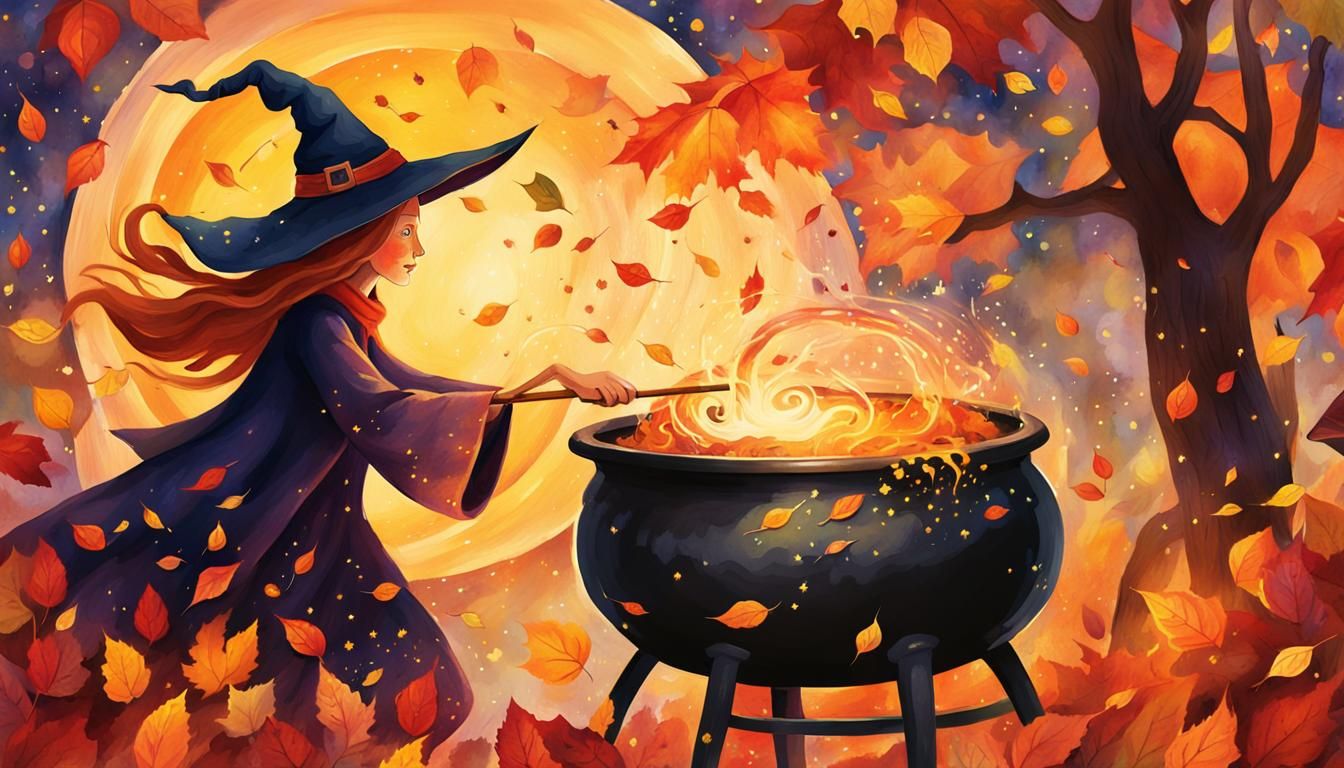 Whimsical Witch Brews Autumn Potion, Digital Art