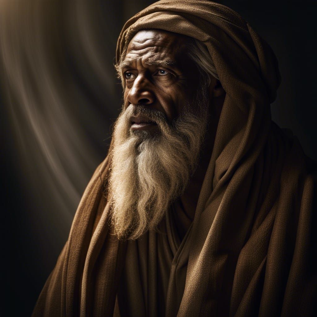 Moses' face commands the frame a portrait of wisdom and humi...