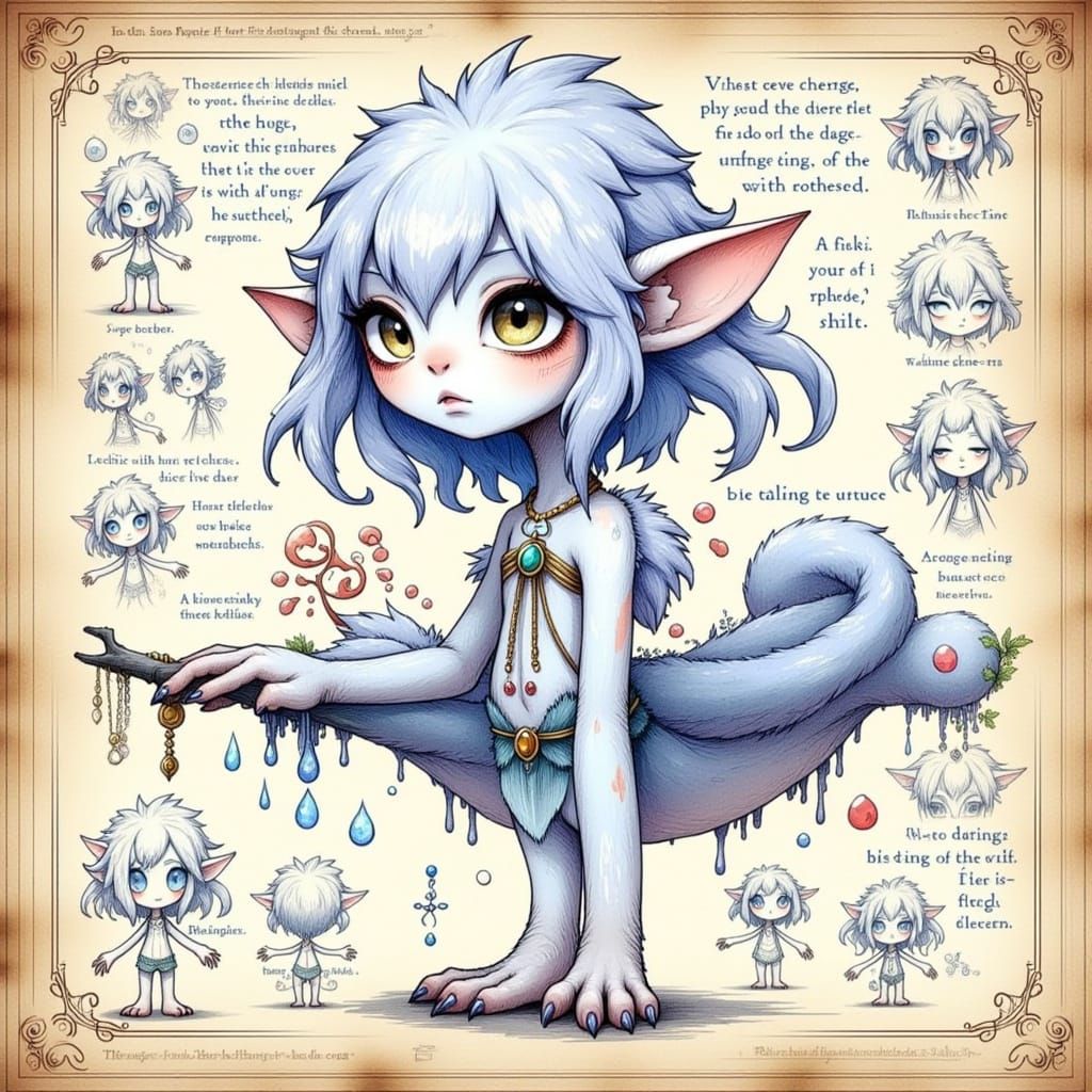 <lora:Fantasy Creature:1.0> A <goblin> in the style of <Fantasy Character> in a forest, with smaller images of its characteristics. The styl...