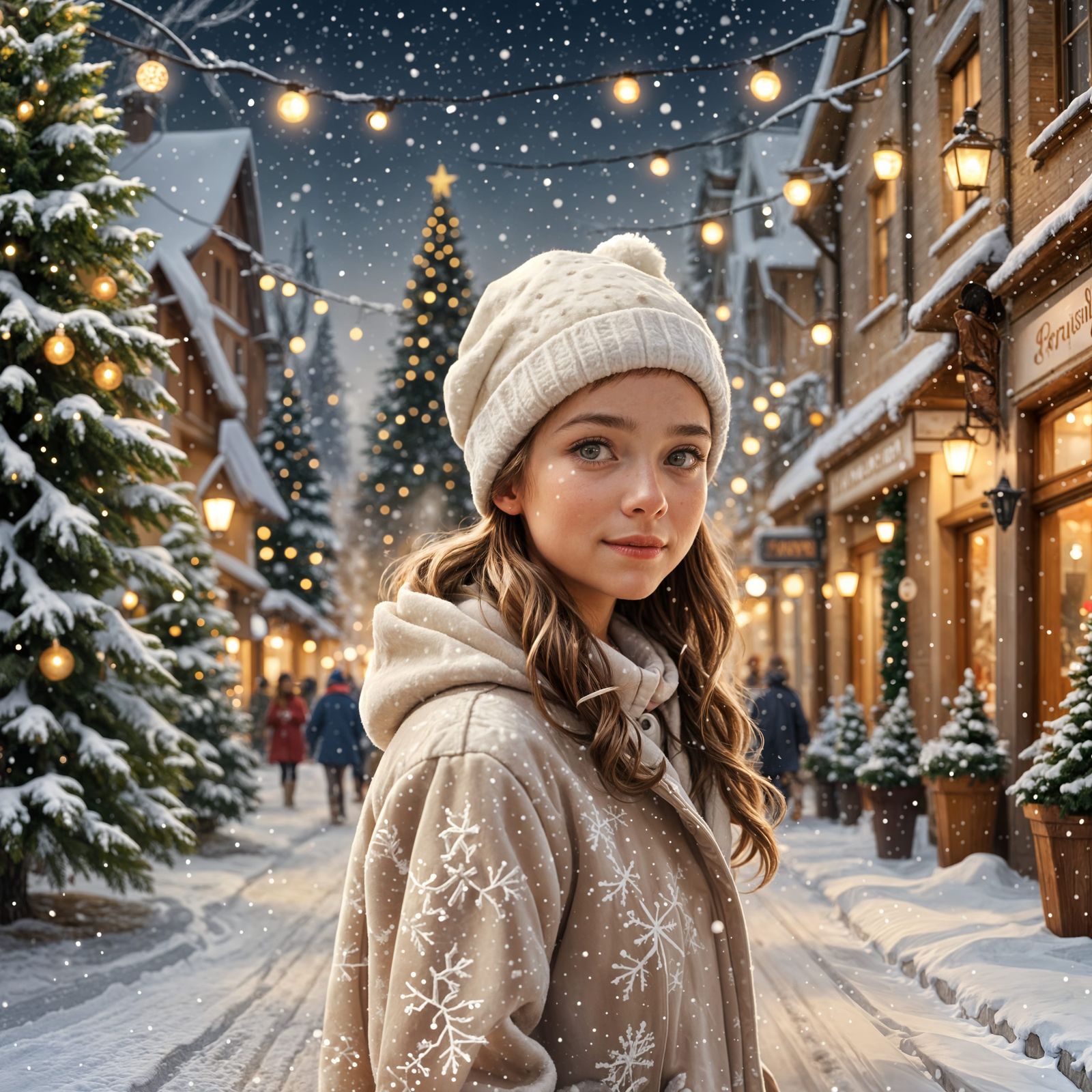 A 10-year-old girl is standing on a festive Christmas street...