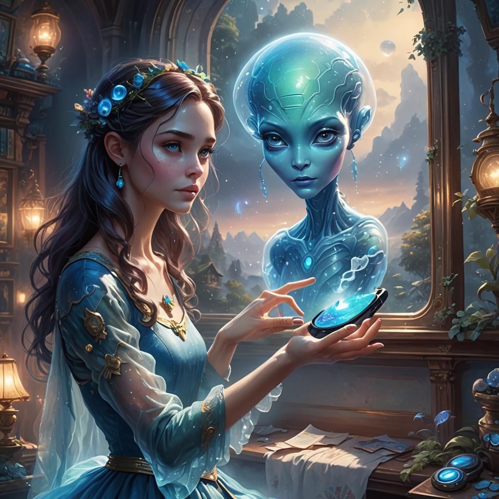 blue beautiful alien girl hand, pressing a play button on a ...