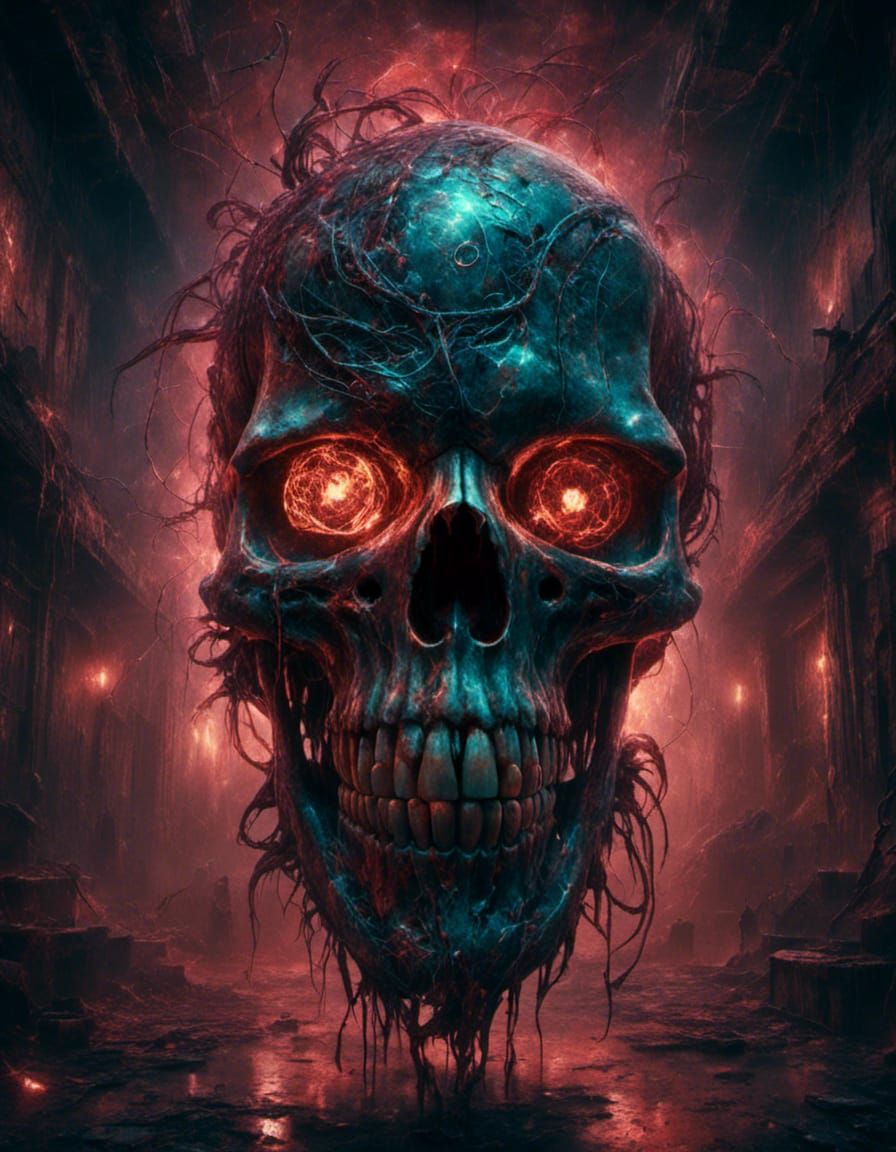 Cyberpunk Skull Portrait in Macabre Dungeon