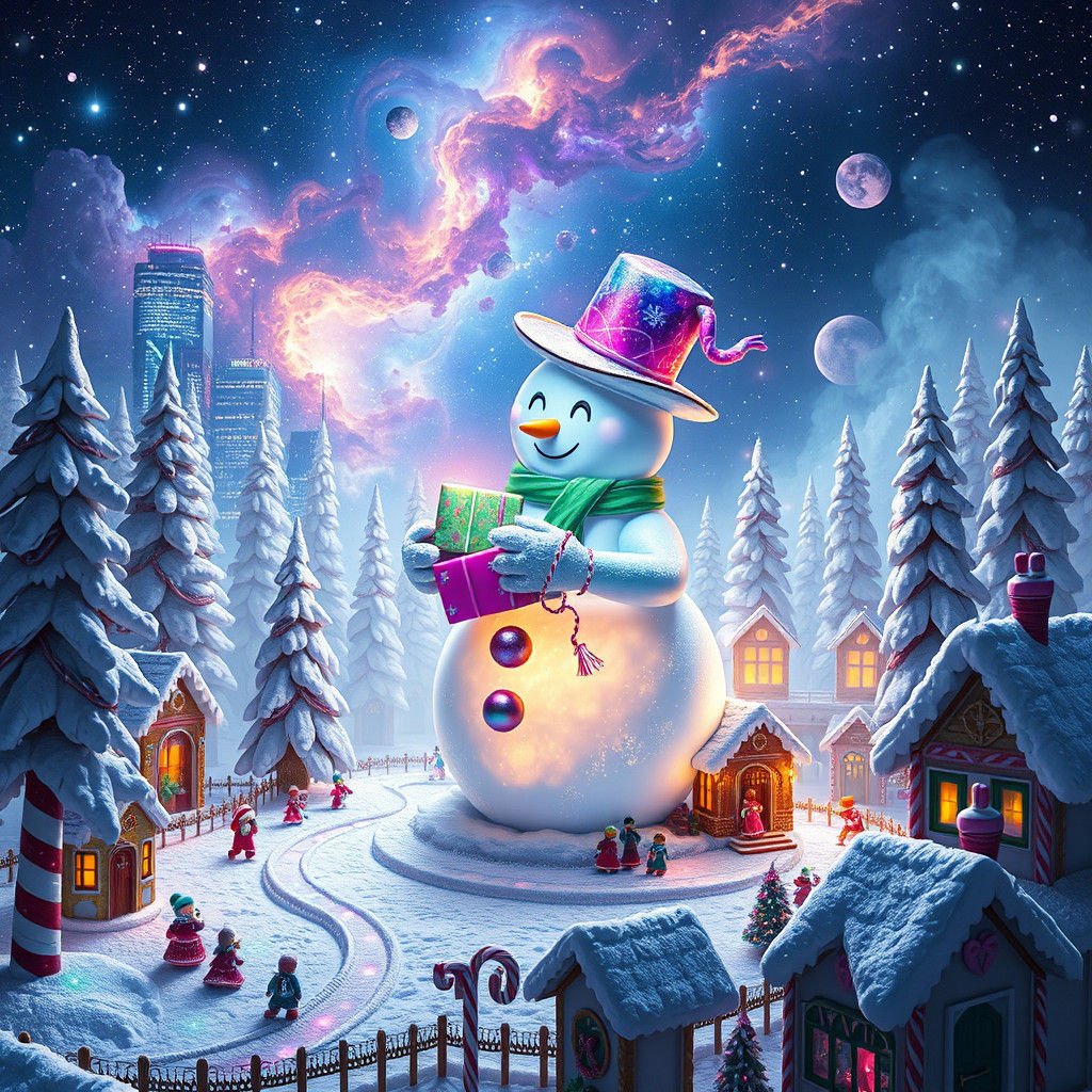 Cosmic Snowman's Christmas in a Neon Gingerbread Village