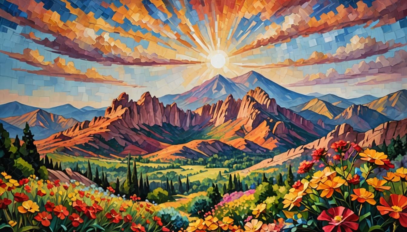 Colorful and cheery image that is part mosaic style and part painterly Style with Leonid Afremov influences. Painterly style of Pikes Peak t...