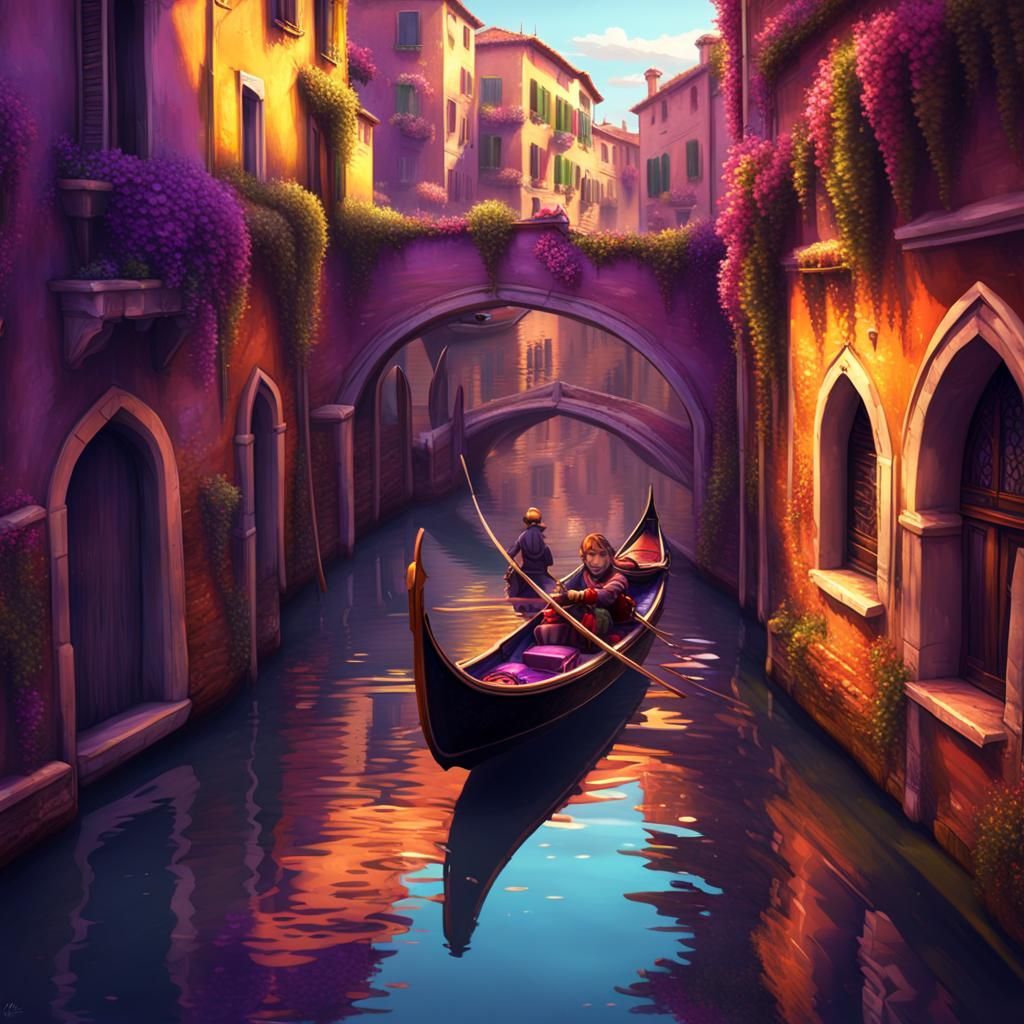 A chibi heart paddles a gondola in an Italian canal