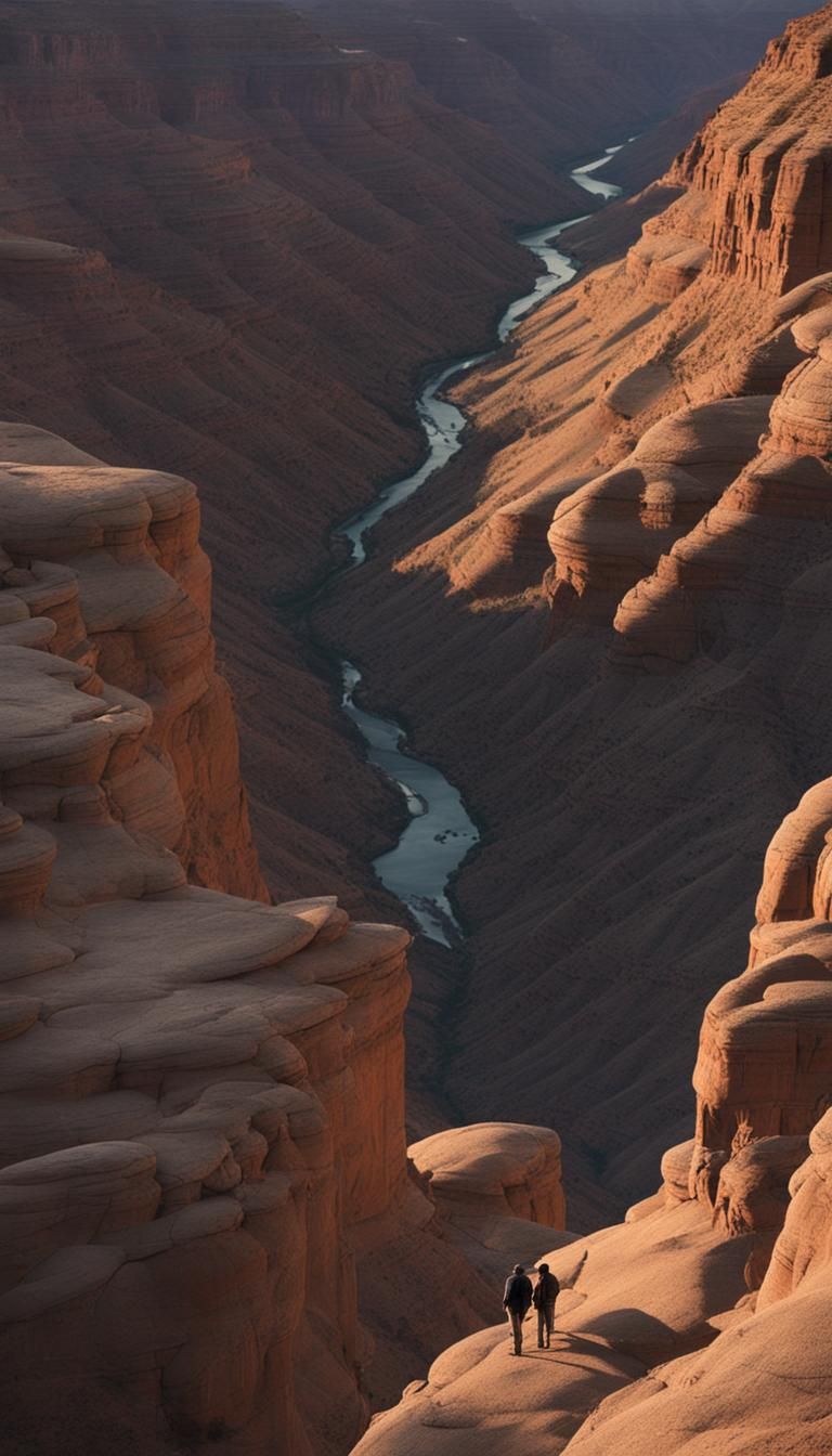 at dusk, on the edge of deep canyons, little men, highlighti...